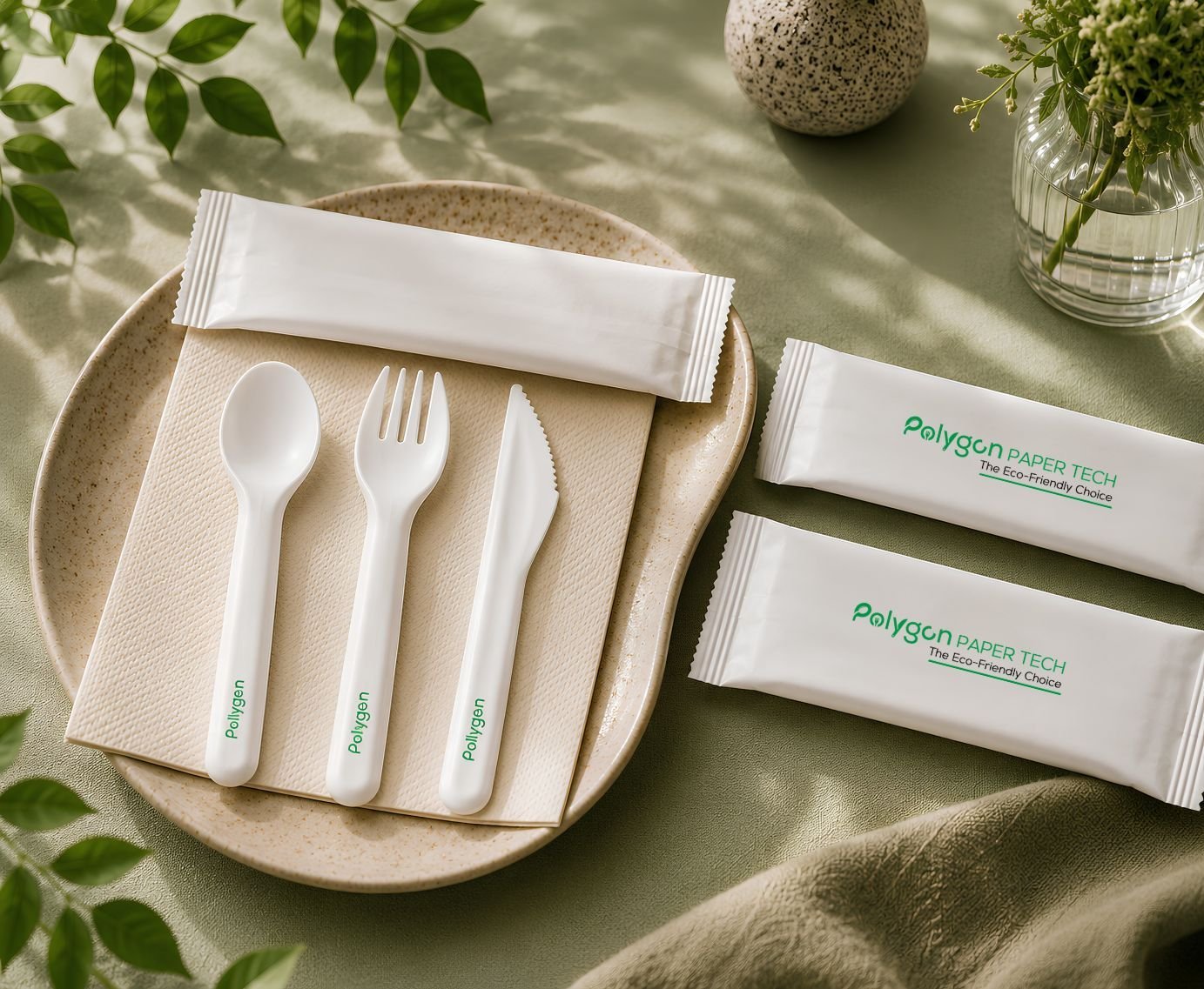 Compostable paper cutlery set with branded cutlery kit